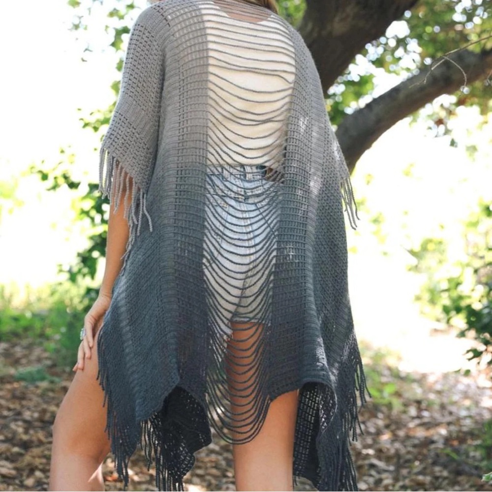 Charcoal Gray Ombre Fringe Boho Knitted Sweater Kimono Festival One Size